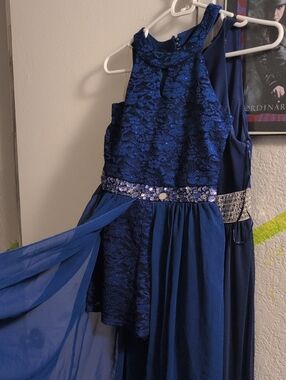 Girls' Navy Blue Lace & Chiffon coolat style Dress with Beaded Waist